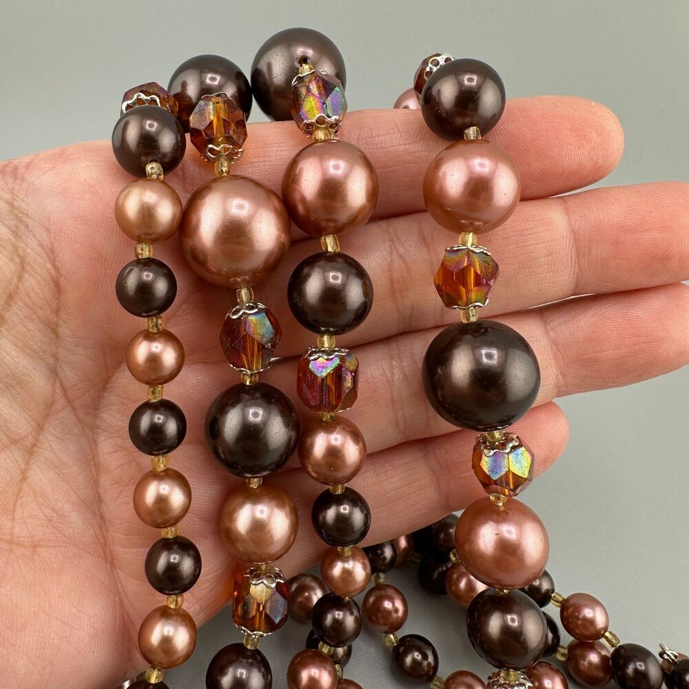 Vintage Japan Faux Pearl Necklace Multi Strand Topaz Root Beer Color AB Beads - Picture 10 of 16